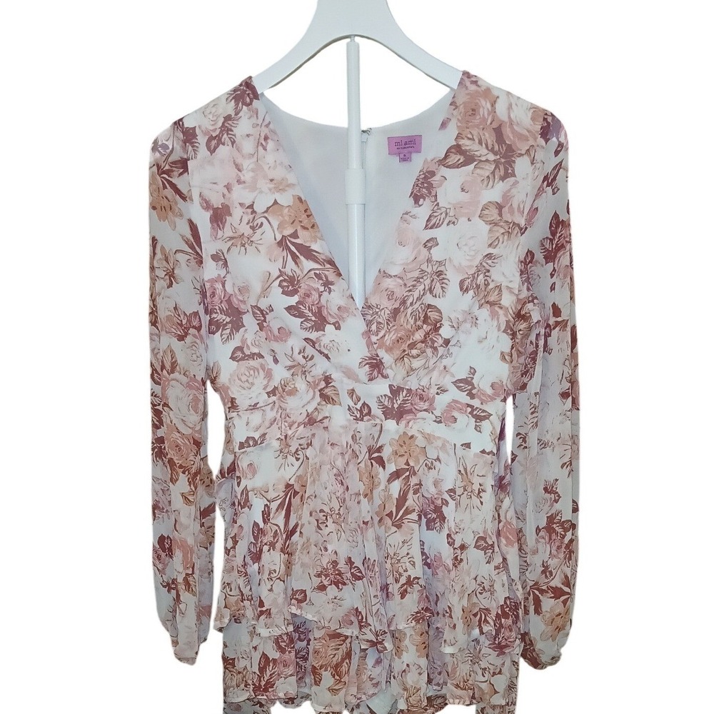 Mi Ami Francesca's Floral Long Sleeve Ruffle Tiered Romper Mauve White Small - Picture 5 of 5